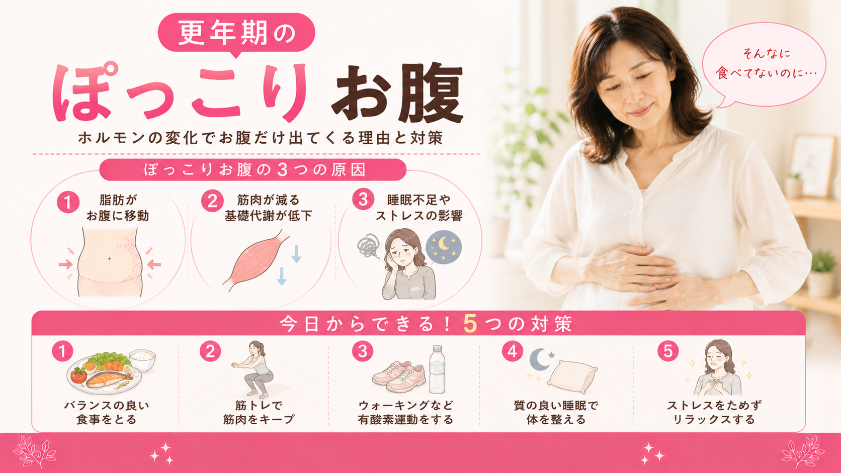 更年期でお腹の脂肪が落ちない50代へ|ぽっこりお腹の原因と、がんばらず減らす5つのコツ