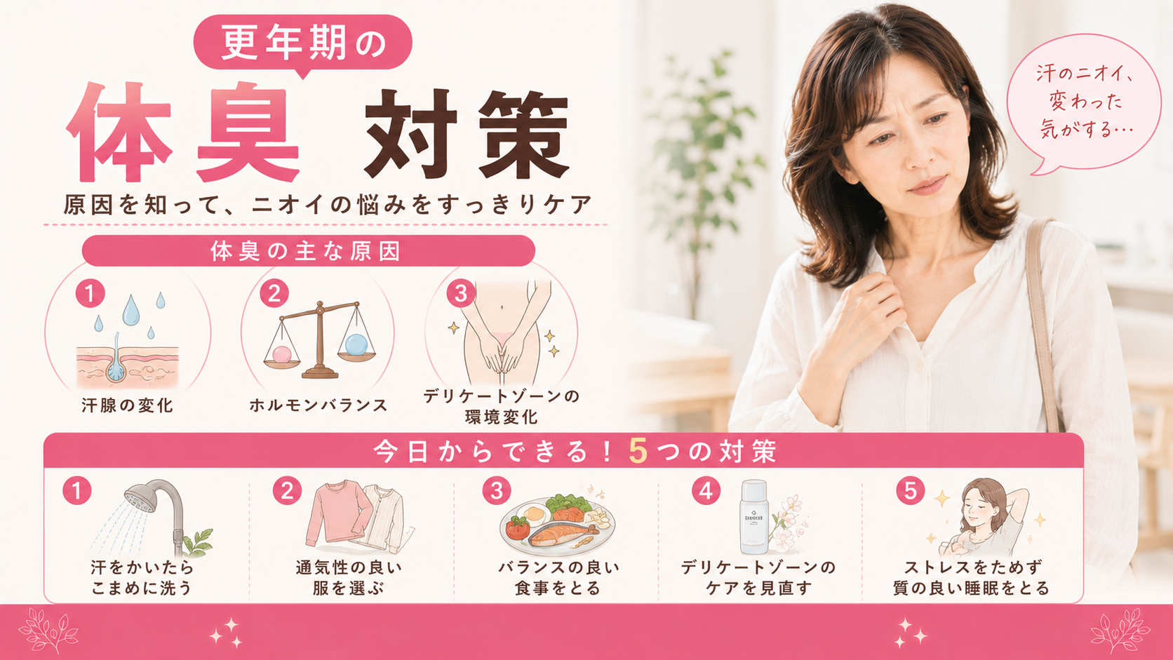 更年期の体臭・おりものの変化が気になる|「加齢臭」との違いと5つの対策|受診の目安も
