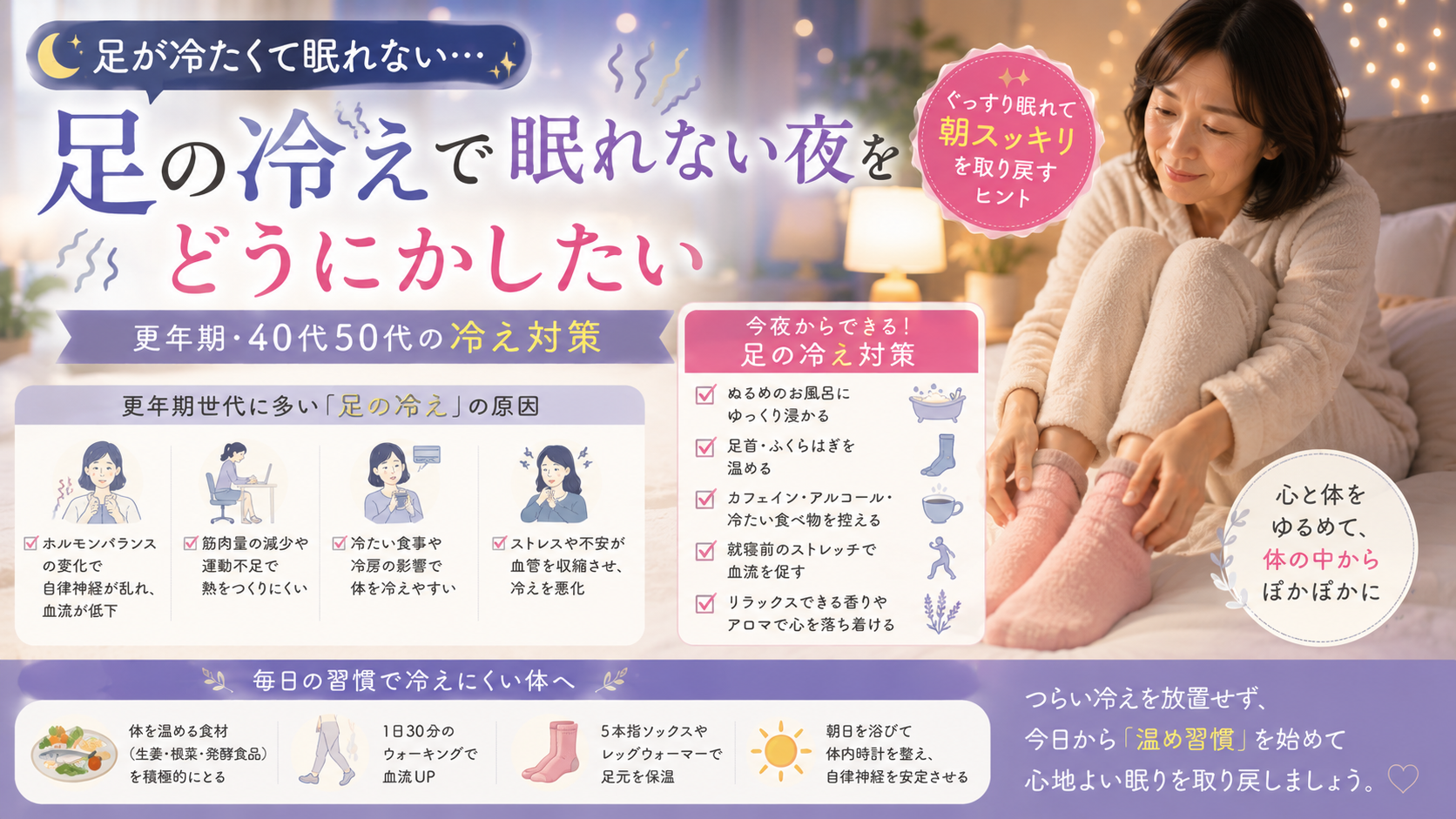 足の冷えで眠れない夜をどうにかしたい|更年期・40代50代の冷え対策