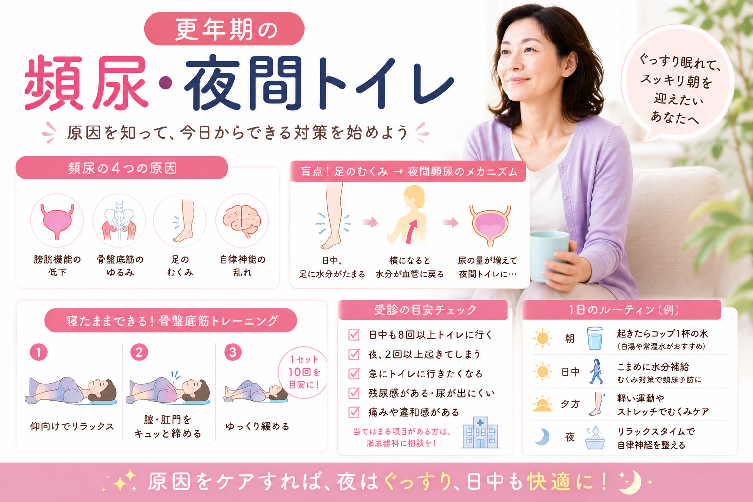 更年期の頻尿・夜間トイレ|夜中に何度も目が覚める原因と骨盤底筋で改善した方法