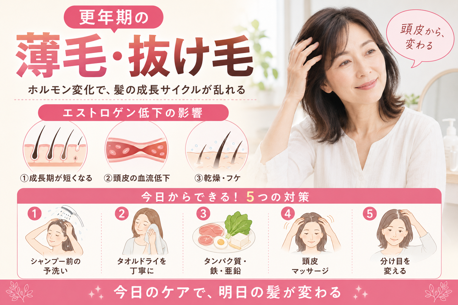 更年期の薄毛・抜け毛が気になる|分け目が目立つ・髪が細くなる原因と今日からできる対策