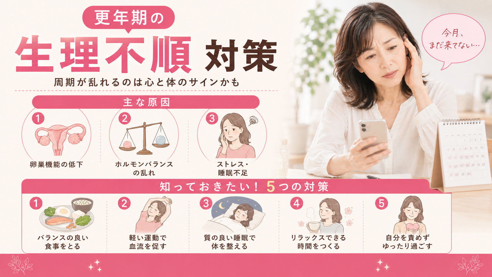更年期で生理不順に…周期が短くなる・経血量が増える・生理が終わらない|閉経前後の出血と受診の目安