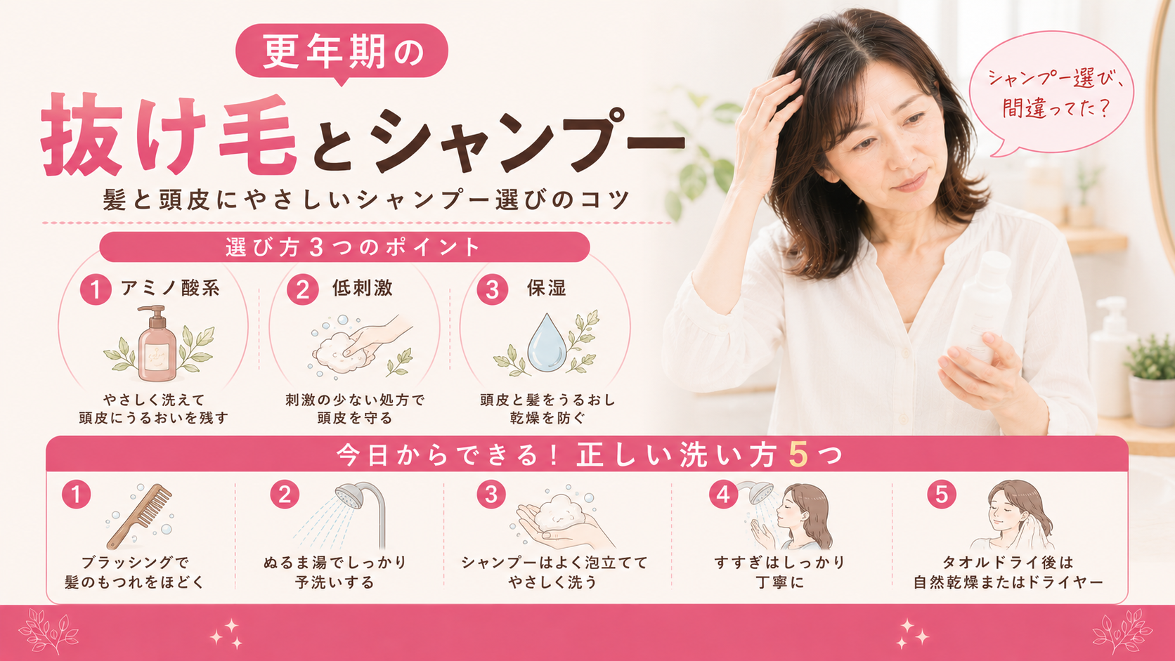 更年期の抜け毛にシャンプーは効く?50代の頭皮に合う選び方と洗い方のコツ