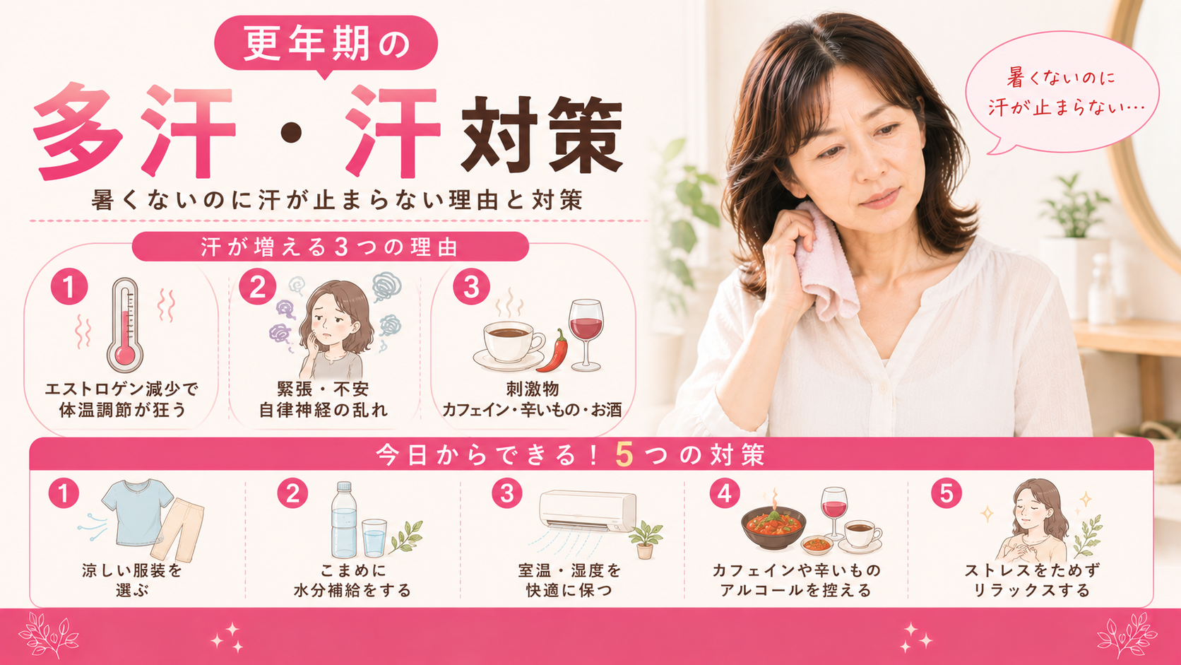 更年期の多汗・汗が止まらないのはなぜ?|大量の汗を抑える5つの対策と受診の目安