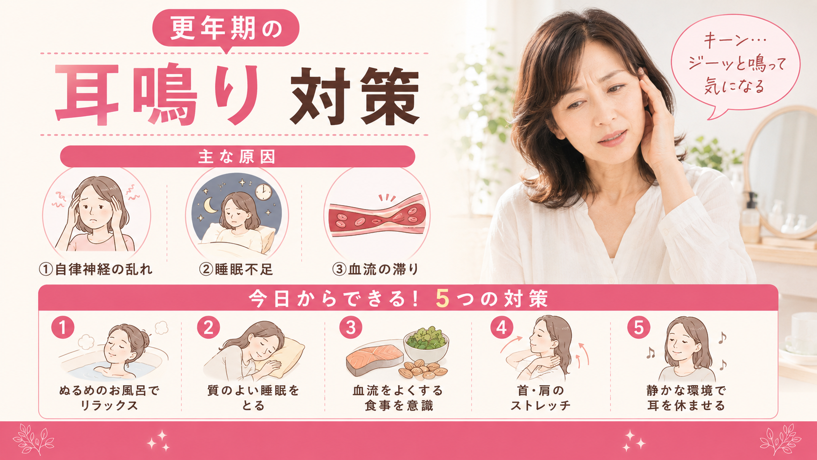 更年期の耳鳴り「キーン・ジー」が気になる…私が試した5つの対策|受診の目安も